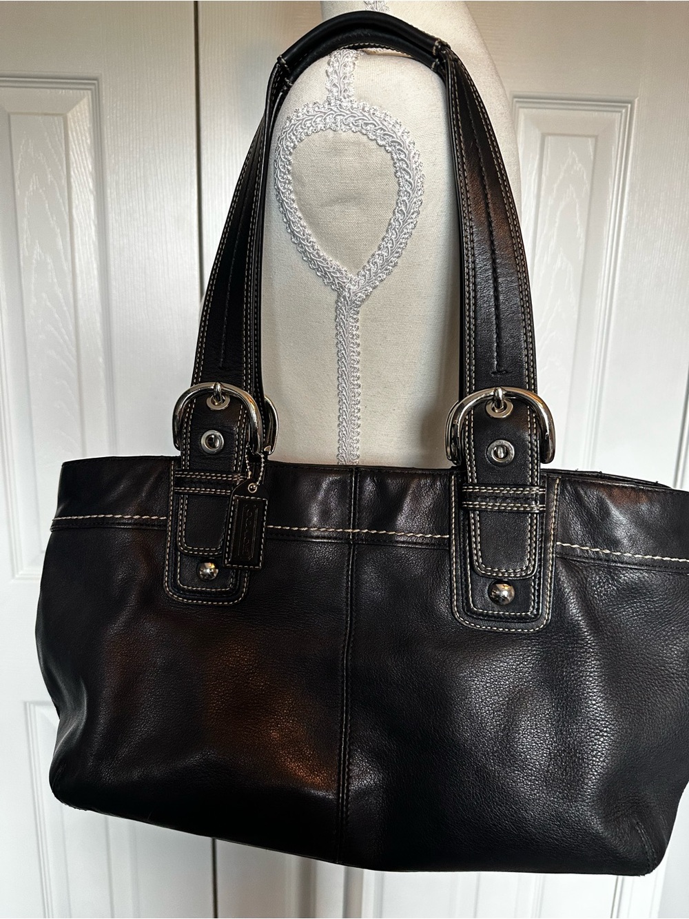Coach Black Leather Shoulder Bag with White Contrast Stitching